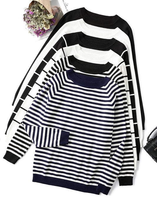 Long Sleeve Striped Pullover Knitted Sweaters O-Neck Tops
