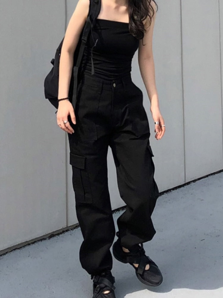 Y2k Button Pockets Patchwork Cargo Pants Women Streetwear High Waist Trousers