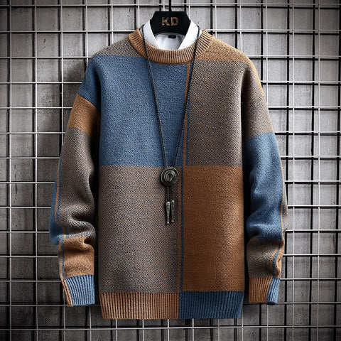 Casual Sweater Thick Warm Pullover Mens Patchwork Plaid Sweaters