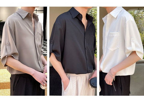 Short Sleeve Shirt Men Half-sleeved Lapel Ice Silk