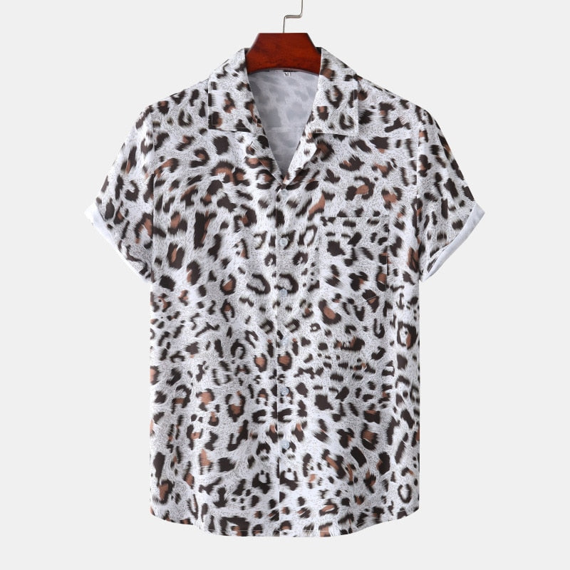 Leopard Print Mens Shirt Short Quick Dry Beach Shirts Men