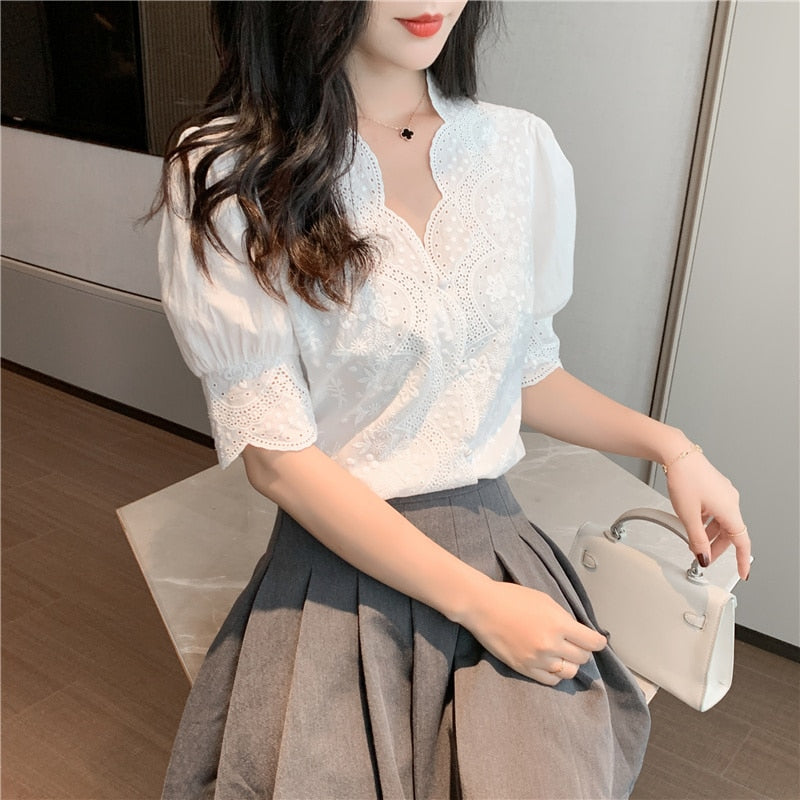 Casual White Tops Embroidery Lace Spring Femme Shirt