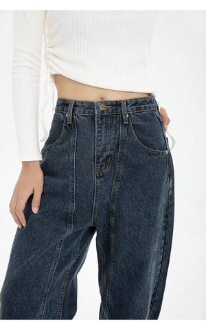 Dark Blue Women Jeans High Waist Vintage Straight Baggy Denim Pants