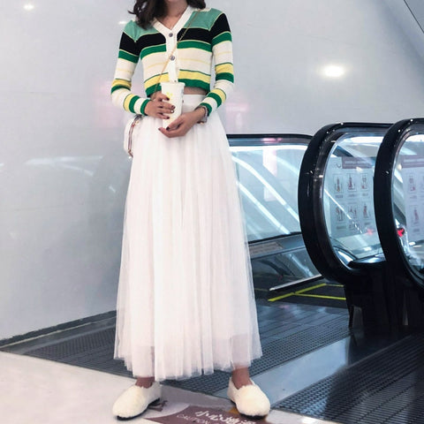 Vintage Tulle Skirt Women Elastic High Waist  3 Layers  A-line Pleated Mesh
