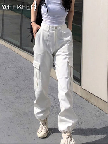 Y2k Button Pockets Patchwork Cargo Pants Women Streetwear High Waist Trousers