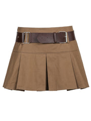 Casual Brown Pleated Mini Skirt Ladies High Waisted Short Skirts