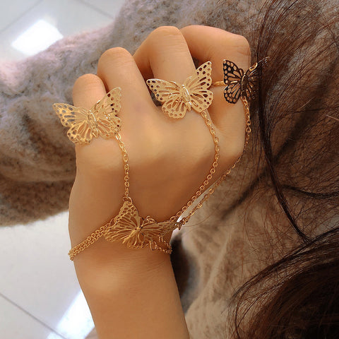 Fashion Chain Link Ring Full Rhinestone Vintage Flower Double Finger Rings