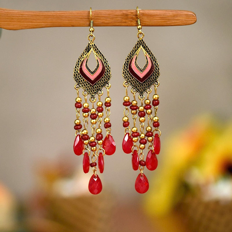 Bohemian Antique Gold Plated Long Water Drop Tassel Earrings