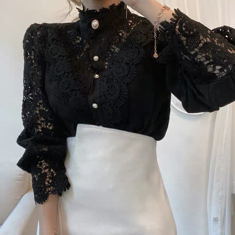 Vintage Solid White Lace Blouse ShirtsLoose Shirt Tops