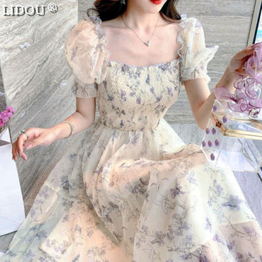 French Vintage Floral Chiffon Square Collar Puff Sleeves A-line Dress