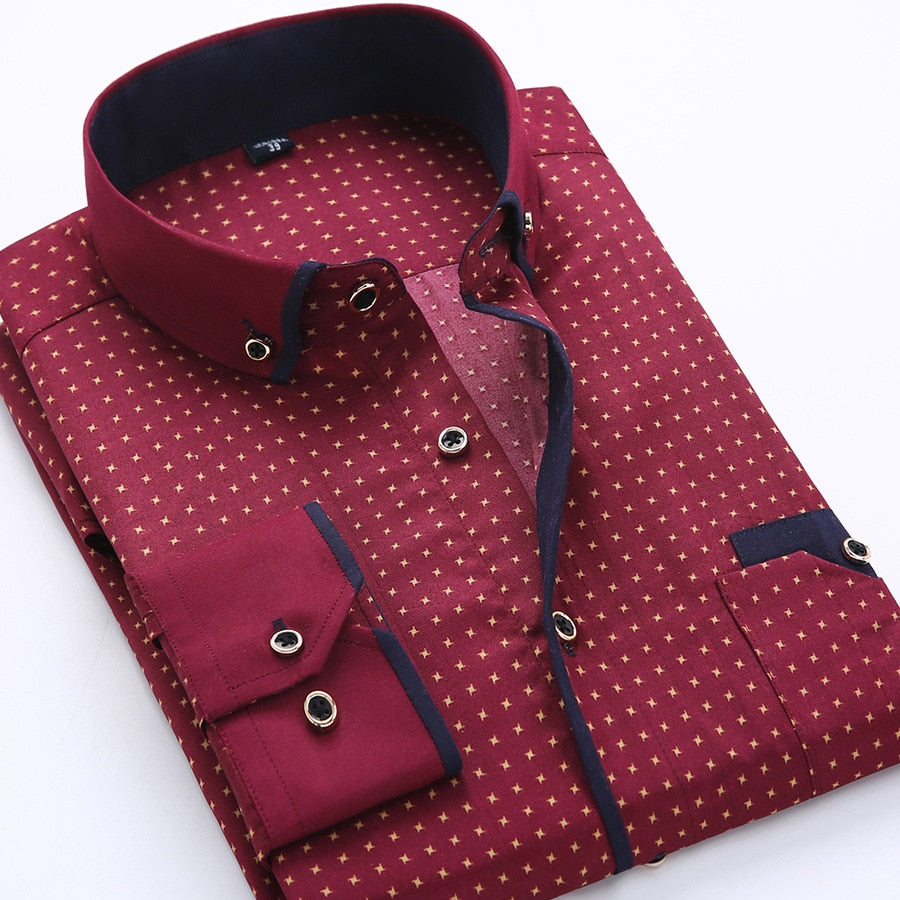 Men Shirt Long Sleeve Slim Fit Button Down Collar Printed Business