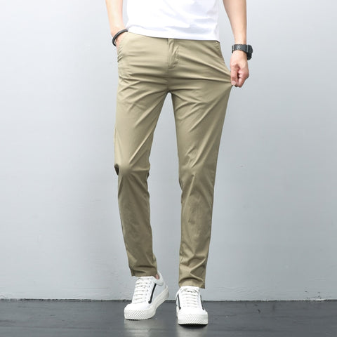 Men Stretch Slim Classic Fit Chino Pant Thin Cotton Elastic Waist Business Casual