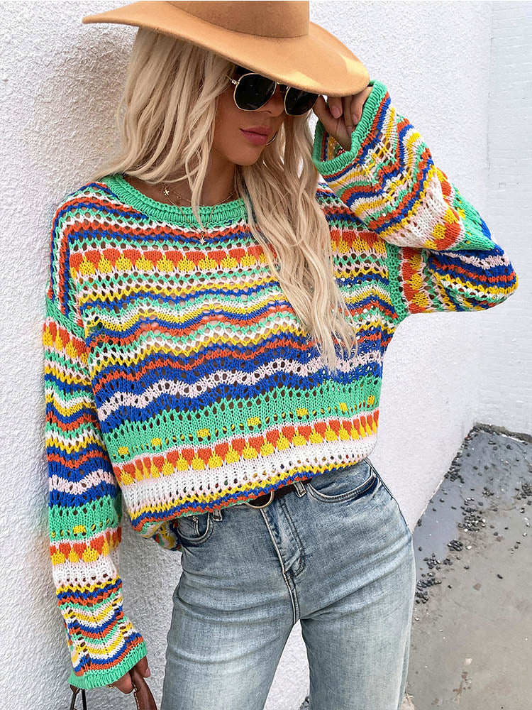 Aprms Multi Color Blocked Knitted Pullover Women Summer Casual Flare Sleeve