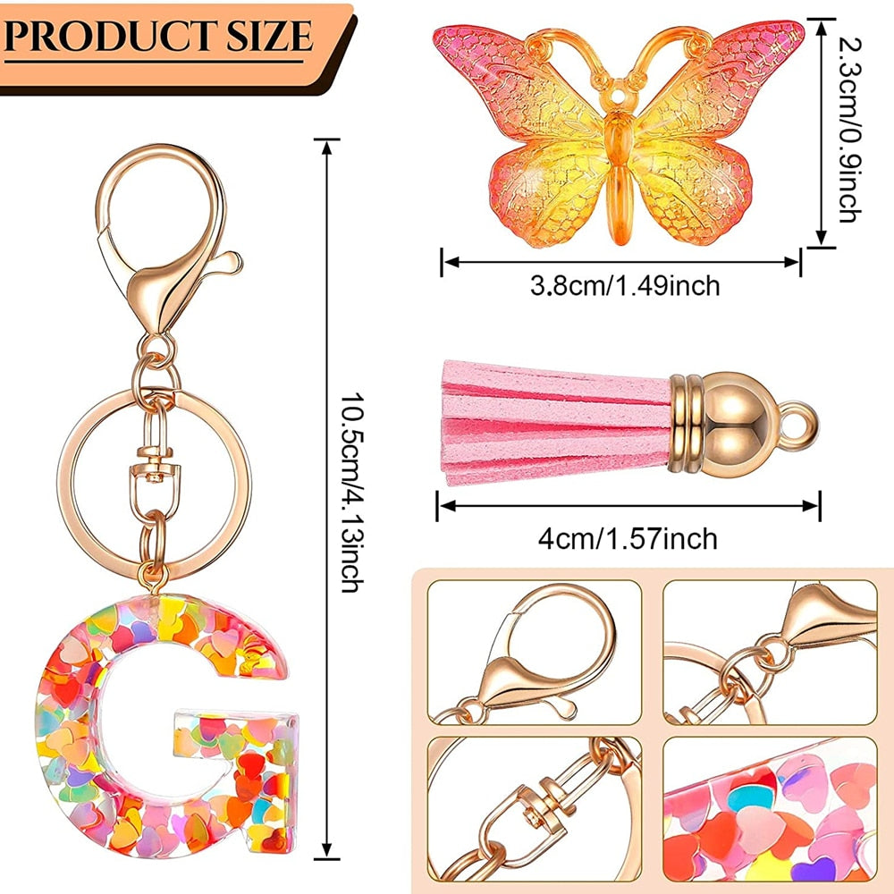 Acrylic Butterfly Letter Keychains English Alphabet Crystal Women Key Chains