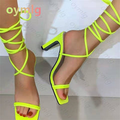 Fashion Orange Ankle Cross Strap Women Sandals Sexy Lace Up Square Toe