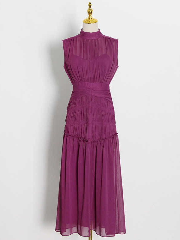 Vintage Ruched Stand Collar Sleeveless High Waist Chiffon Midi Dresses