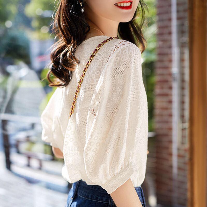 FashionLantern Sleeve Loose Shirts Embroidery Cotton Lace O-neck Casual Blouses