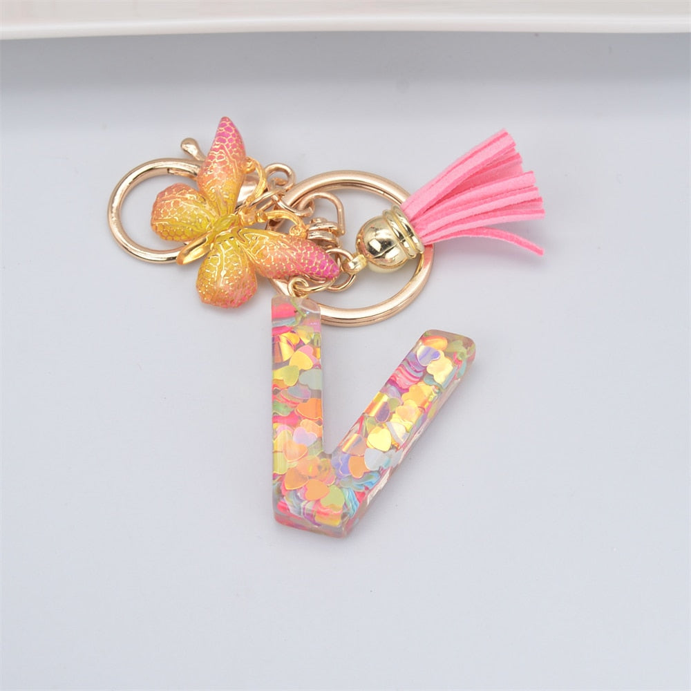 Acrylic Butterfly Letter Keychains English Alphabet Crystal Women Key Chains