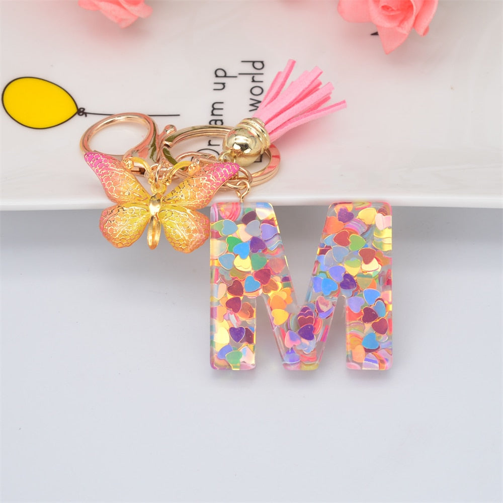 Acrylic Butterfly Letter Keychains English Alphabet Crystal Women Key Chains