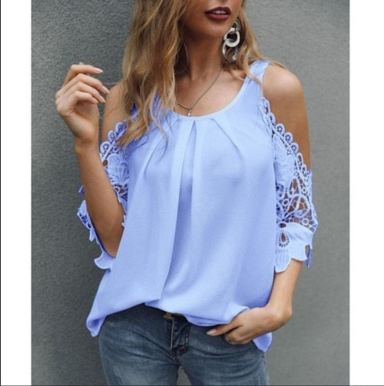 Chic Solid Hollow-out V Neck Lace Blouse Floral Patterns Embroidery