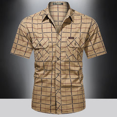 Men Plaid Shirt Short Sleeve Bomber 100% Pure Cotton Business Lapel Shirt