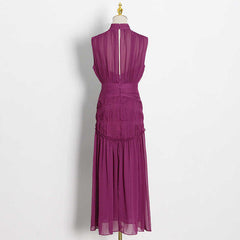 Vintage Ruched Stand Collar Sleeveless High Waist Chiffon Midi Dresses