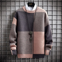 Casual Sweater Thick Warm Pullover Mens Patchwork Plaid Sweaters