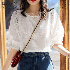 FashionLantern Sleeve Loose Shirts Embroidery Cotton Lace O-neck Casual Blouses
