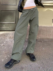 Green Casual Cargo Pants y2k Aesthetic Low Rise Drawstring Straight Capris