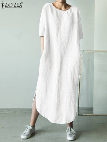 Women O Neck Short Sleeve Sundress Summer Solid Cotton Linen Dress