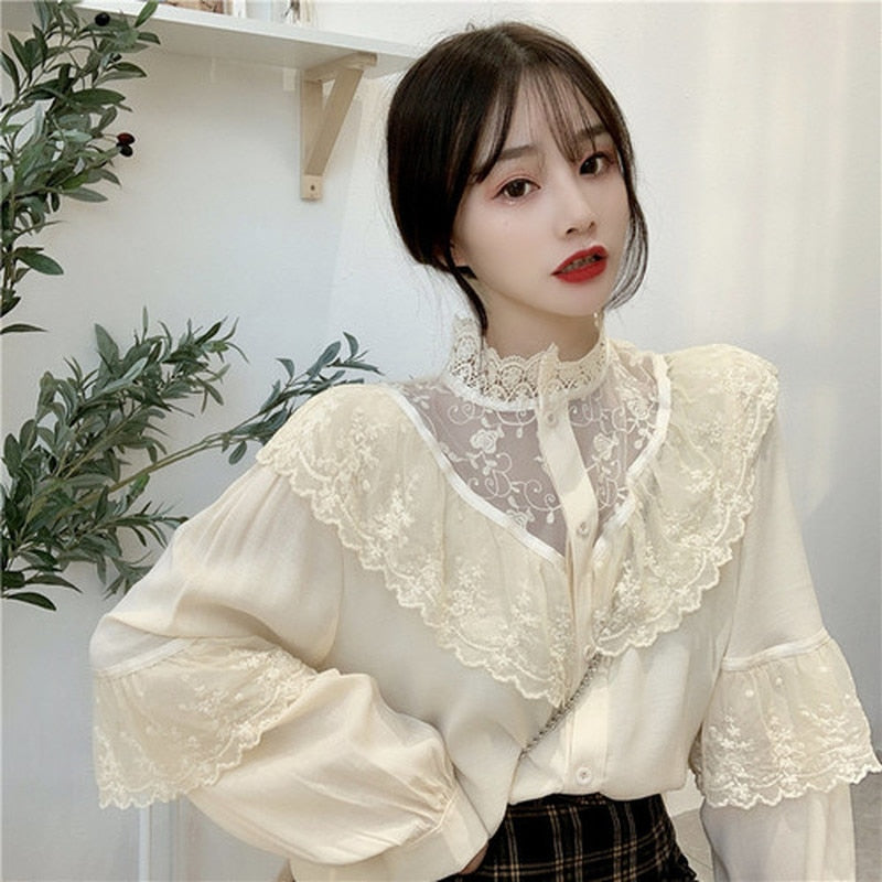 Sweet Loose Clothes Lace Up Ruffled Women Blouses Fashion Stand Collar