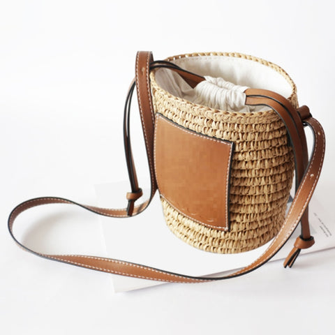Style  Round Straw Tote Raffia Round Barrel Straw Woven Crossbody Bag