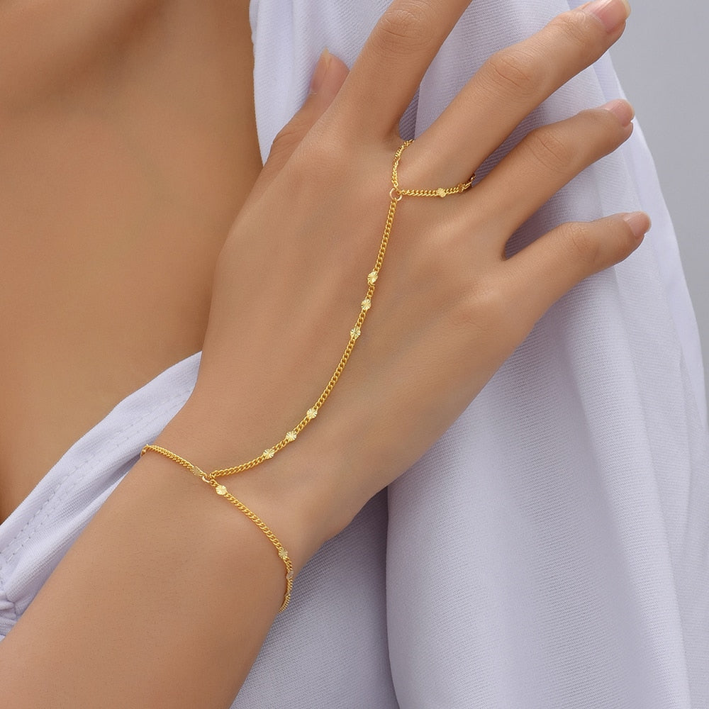 Simple Heart Pendant Chain Link Connected Gold Metal Wide Finger Ring Bracelets