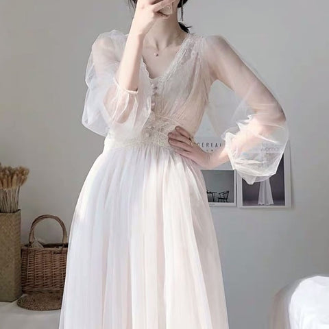 Dress Women Midi Dresses Elegant A-Line Vestidos Solid Puff Sleeve