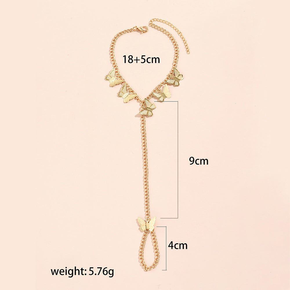 Simple Heart Pendant Chain Link Connected Gold Metal Wide Finger Ring Bracelets