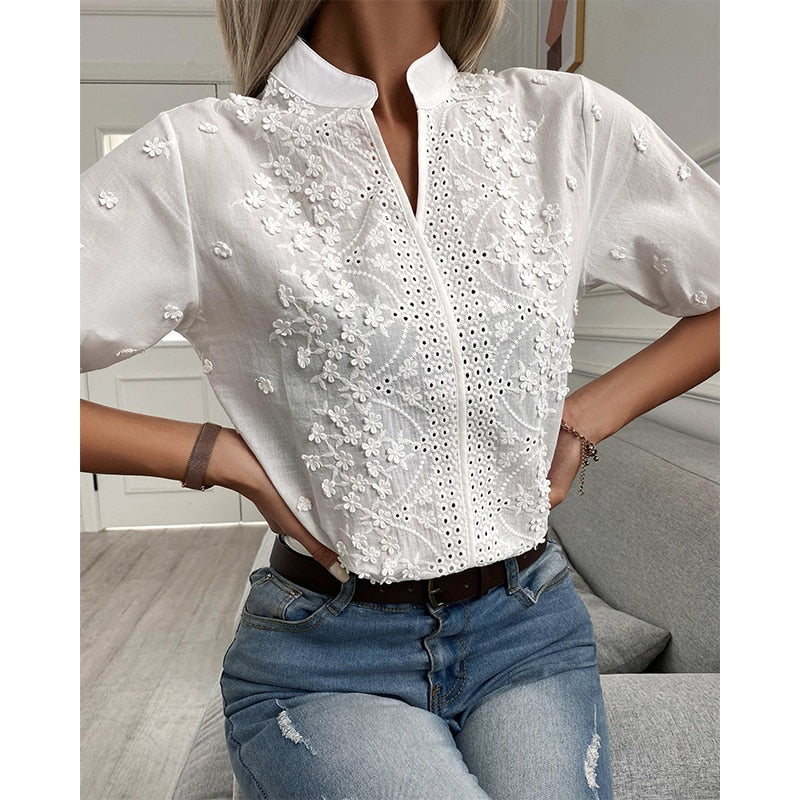 Chic Solid Hollow-out V Neck Lace Blouse Floral Patterns Embroidery