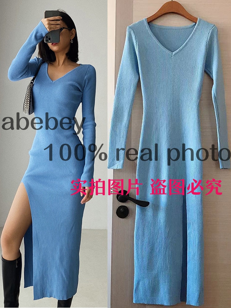 slit sweater dress female slim tight-fitting hip-knit over-the-knee dresses