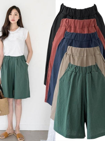 Summer Shorts for Women Cotton Linen Elastic Waist Knee-length Shorts