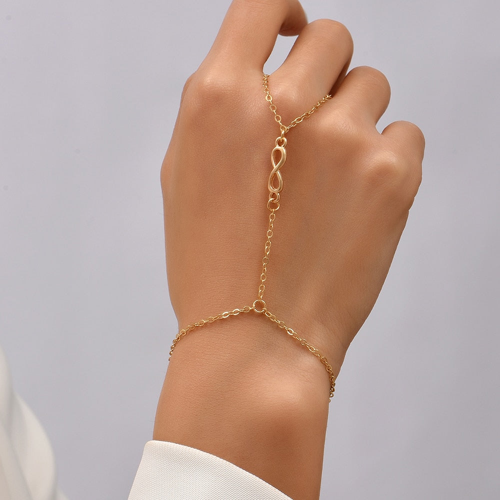 Simple Heart Pendant Chain Link Connected Gold Metal Wide Finger Ring Bracelets