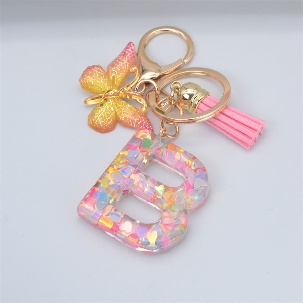 Acrylic Butterfly Letter Keychains English Alphabet Crystal Women Key Chains