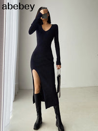 slit sweater dress female slim tight-fitting hip-knit over-the-knee dresses