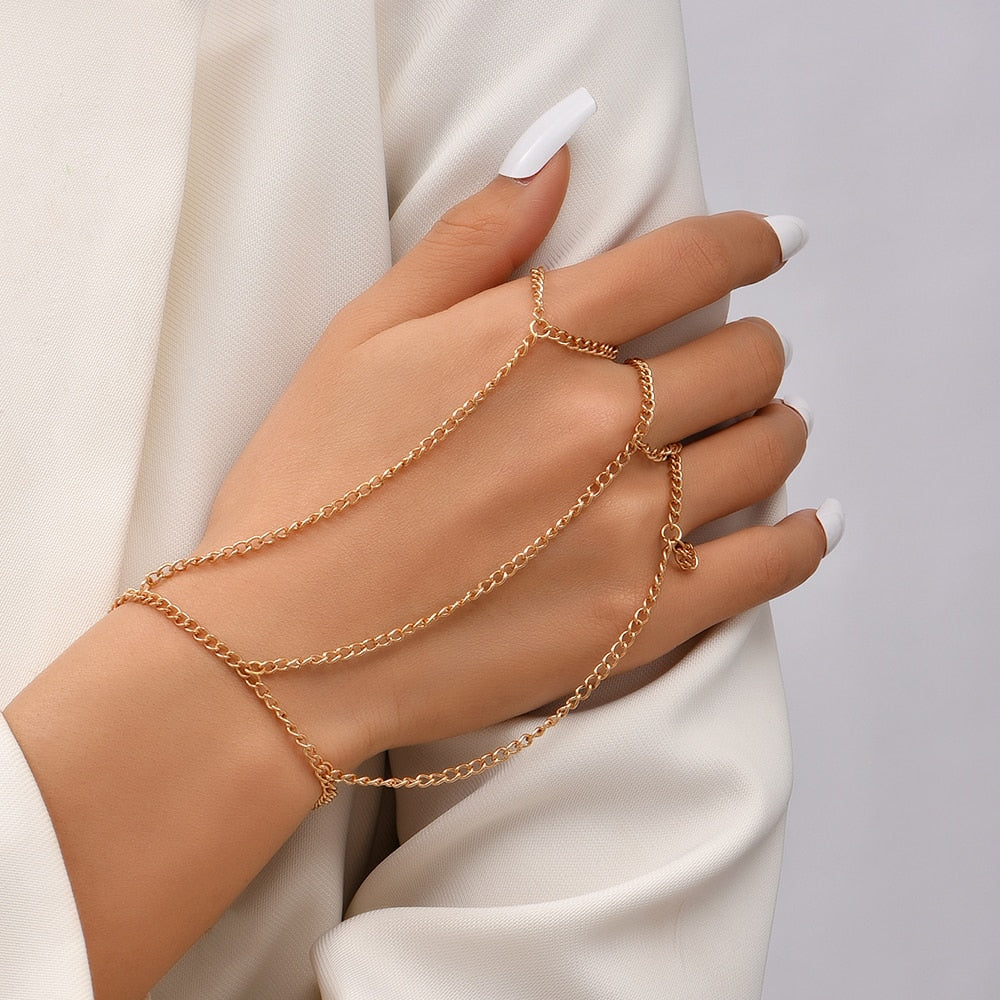 Simple Heart Pendant Chain Link Connected Gold Metal Wide Finger Ring Bracelets