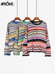 Aprms Multi Color Blocked Knitted Pullover Women Summer Casual Flare Sleeve