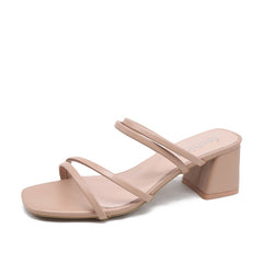 Sandals Ladies Square Heels Elegant Summer Slippers Outside Cross Tied