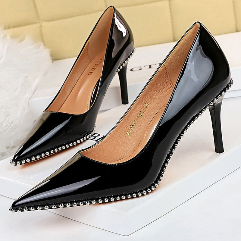 Shoes Rivet Woman Pumps High Heels Stiletto Pu Leather