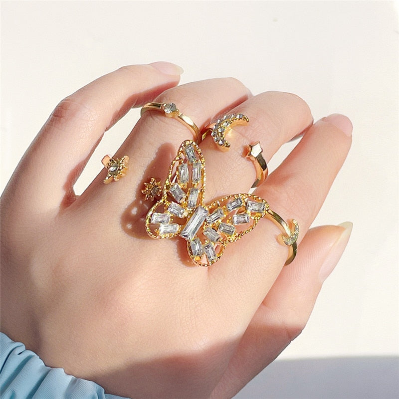 Vintage Bohemian Butterfly Sets Zircon Flower Leaf Open Rings