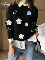 Floral Embroidery Pullover Sweater Elegant O Neck Knitted