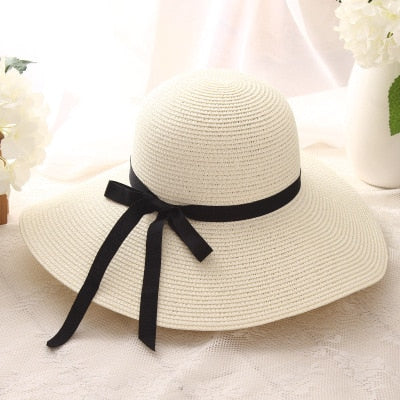 Simple Foldable Wide Brim Floppy Girls Straw Hat Sun Hat Beach