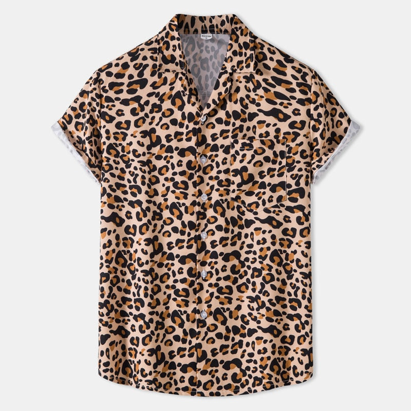 Leopard Print Mens Shirt Short Quick Dry Beach Shirts Men