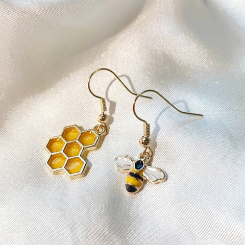 Cool Quirky  Bee Earrings with Yellow Honey Comb / Mismatch Earrings